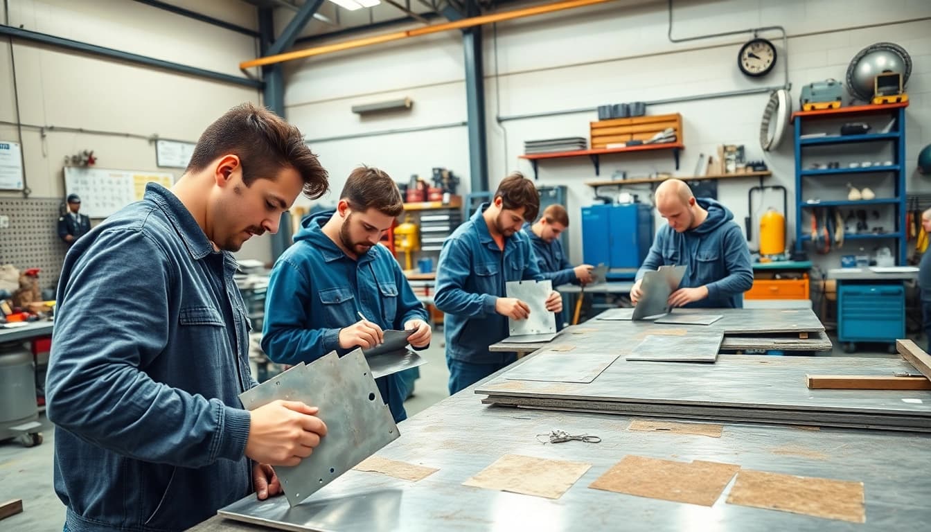 Engaging in sheet metal training, students practice skills in a vibrant workshop setting.
