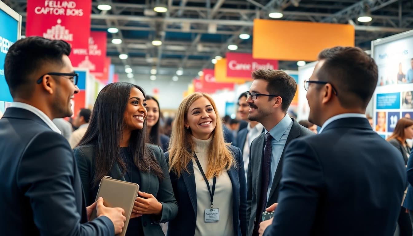 Job in Chicago seekers networking enthusiastically at a vibrant career fair.