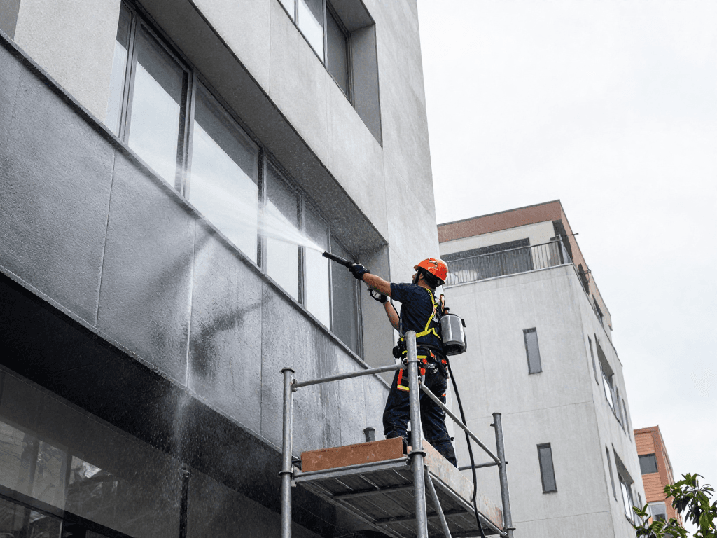 Fassadenreinigung durch professionelle Techniker mit Hochdruckreinigung in Dortmund.