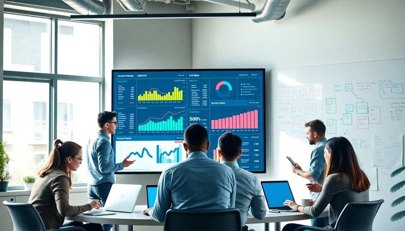 Analyze social media strategies through an smm reseller panel in a vibrant marketing office.