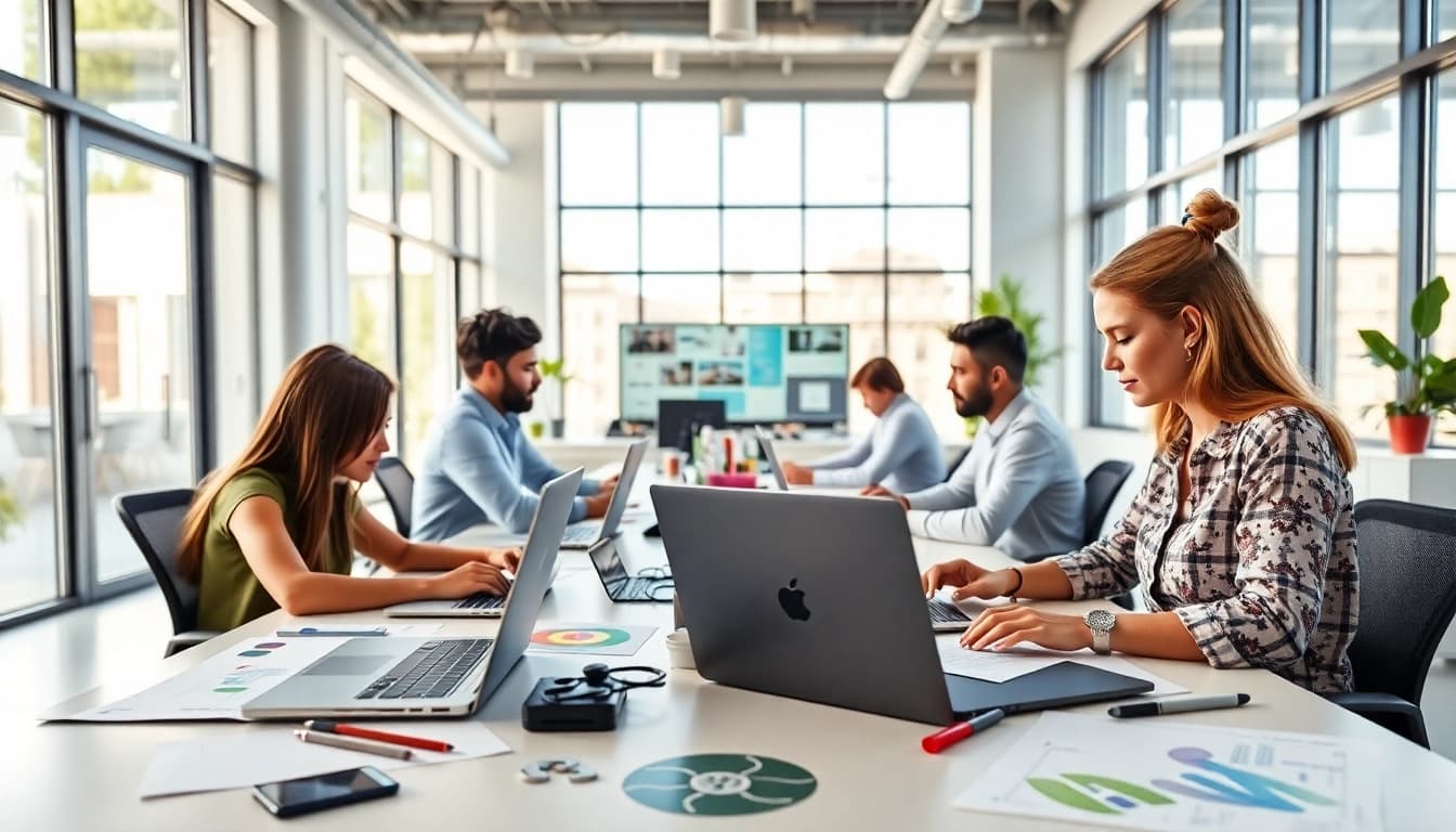 Werbeagentur arbeitet kreativ in modernen Büros an digitalen Projekten.