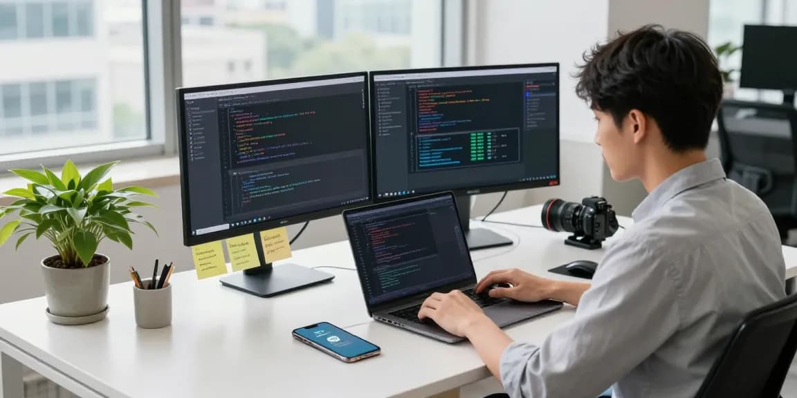 Engaged developer coding Telegram中文 interface designs in a modern office