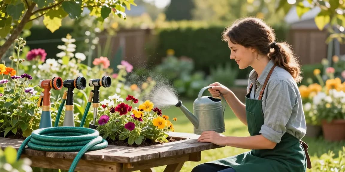 Gardener choosing the best hose nozzle amid vibrant flowers and greenery.