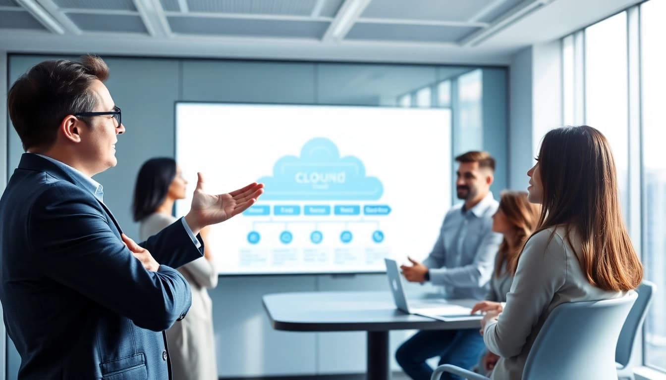 Engaging cloud migration services discussion showcasing collaboration and cloud technology.