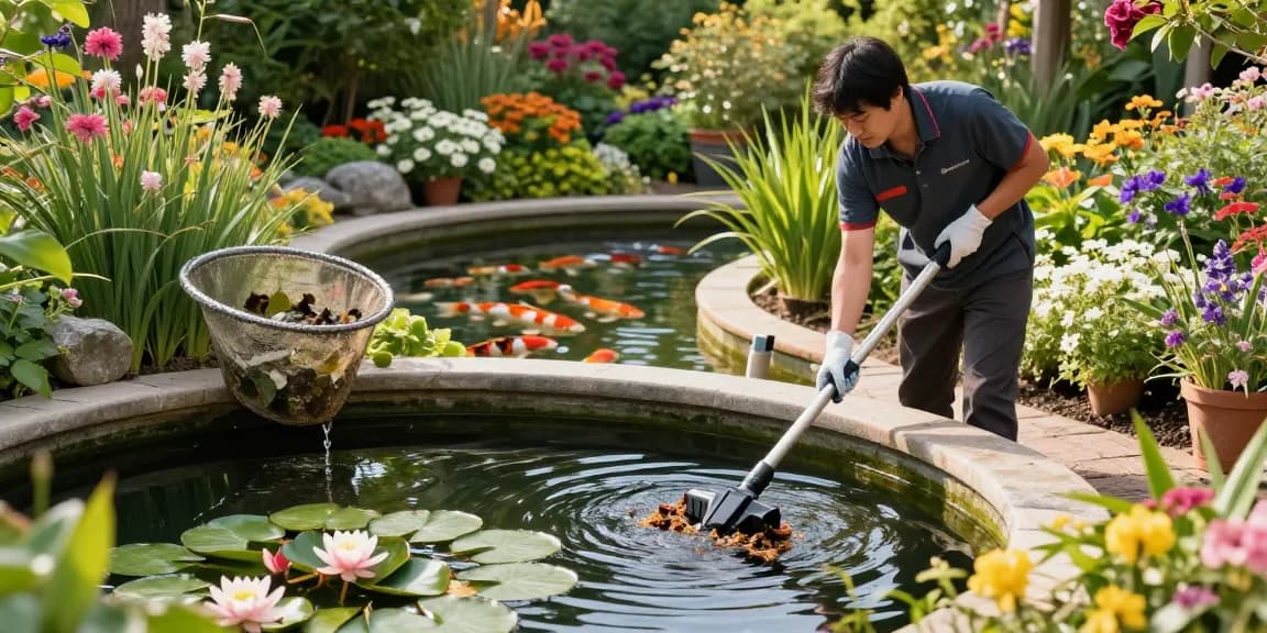 Pond Clean Kent service with a specialist cleaning a residential pond, showcasing effective pond care techniques and vibrant garden scenery