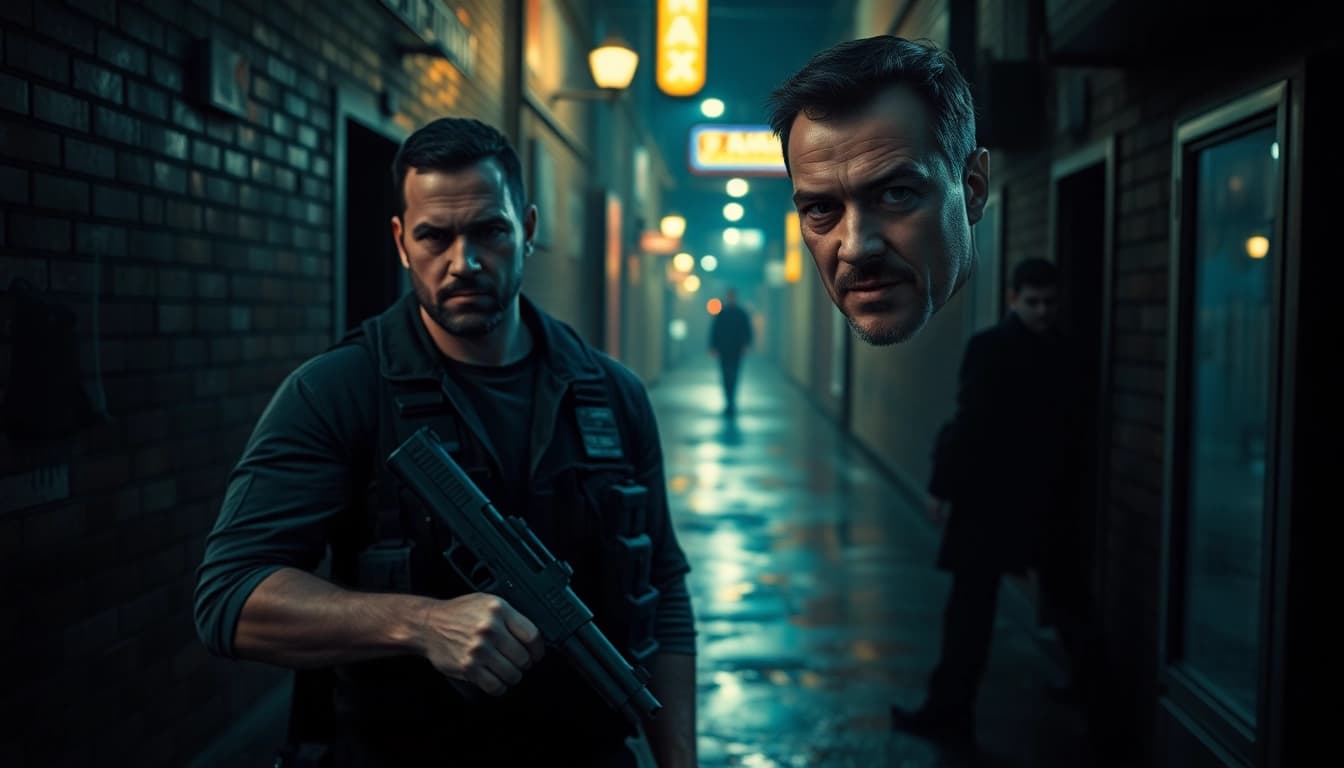 Hero confronting danger in a political thriller setting of Politics Thieves and Bullets.