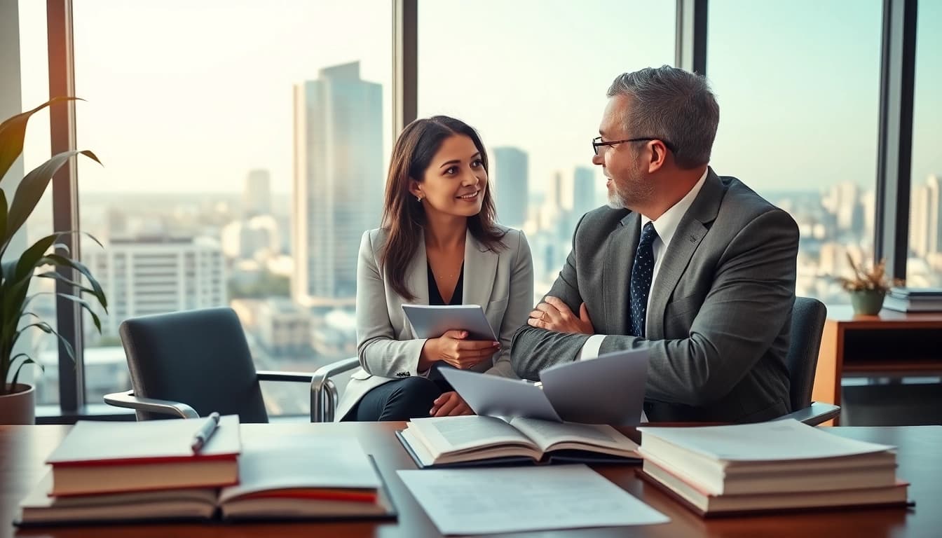 Truck accident attorney Clearwater providing legal advice to a client in an office.