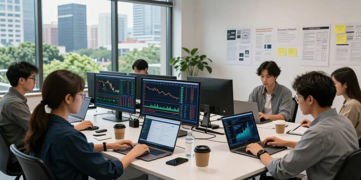 cloud mining company professionals collaborating in a modern office with crypto dashboards.