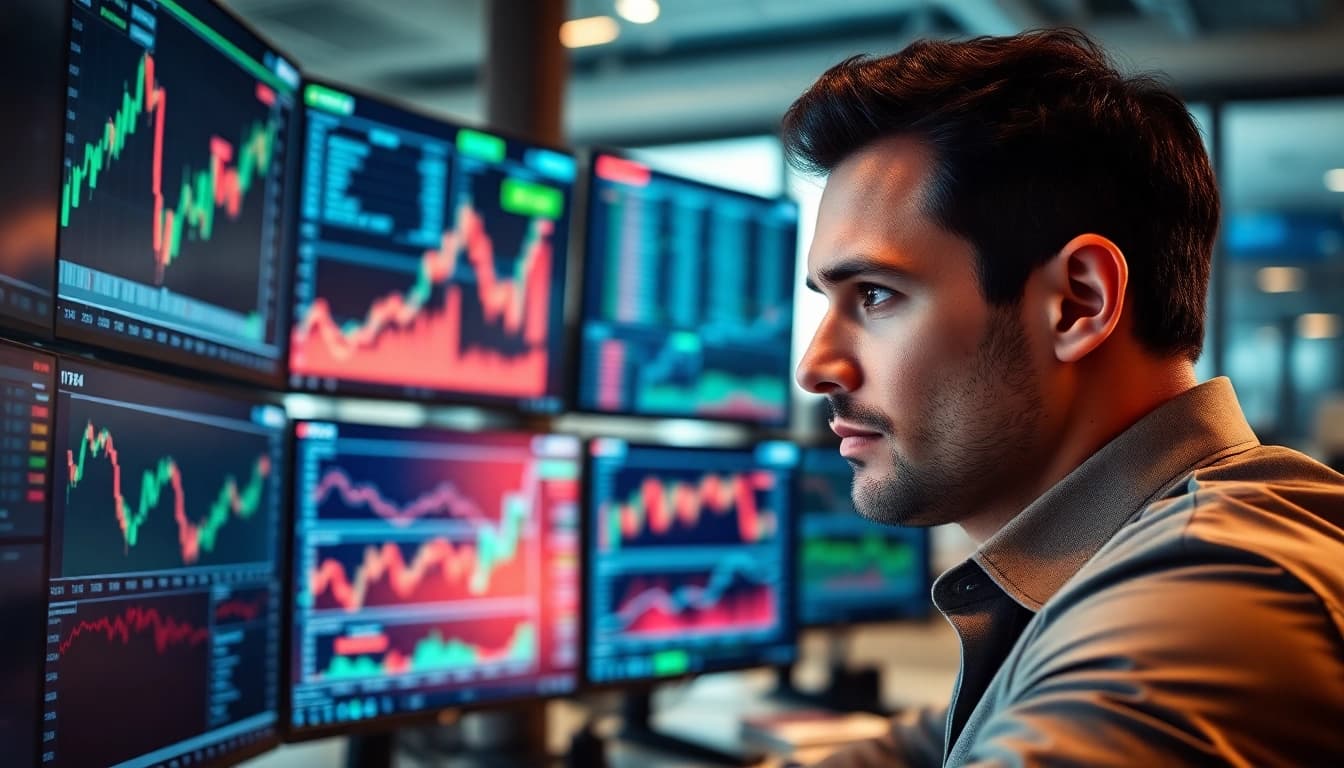 Engaged trader analyzing sway markets data on multiple screens in a modern office.