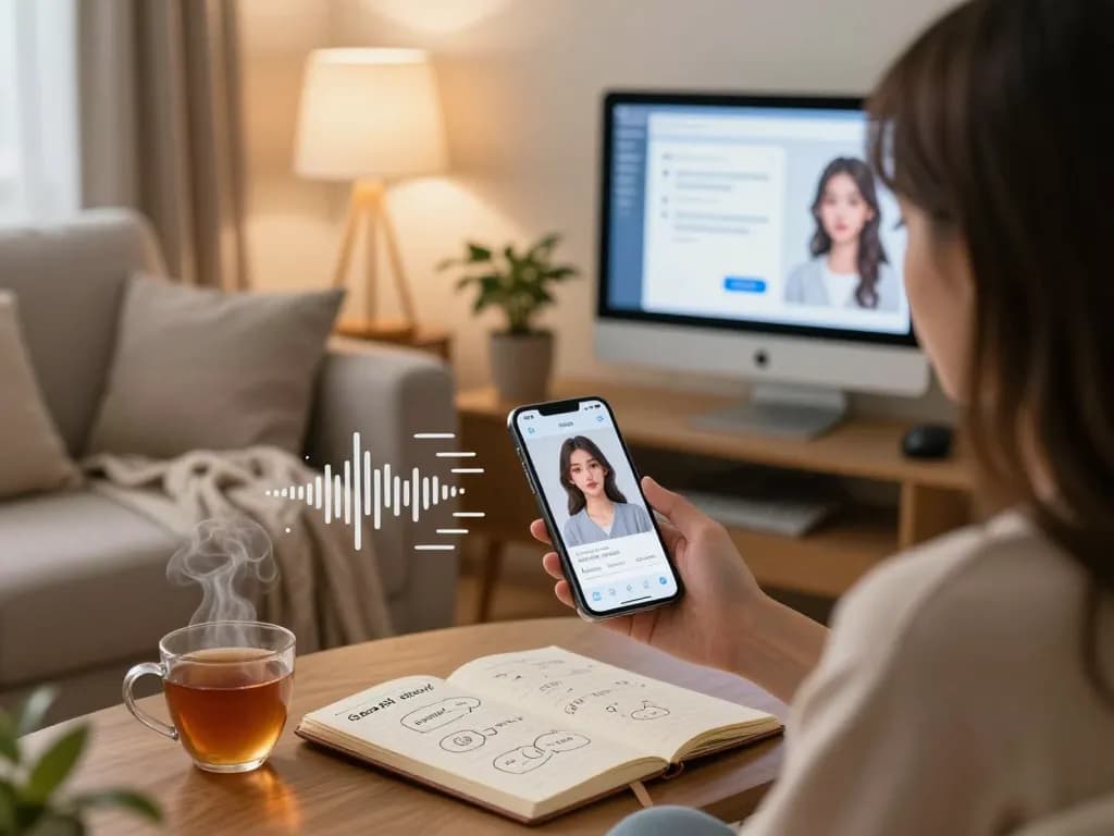 Engaging with an AI girlfriend app on a cozy sofa, showcasing a personal digital interaction.