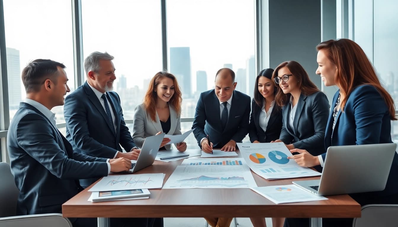 Engaged business team conducting a Bid-No-Bid Analysis discussion in a modern office setting.