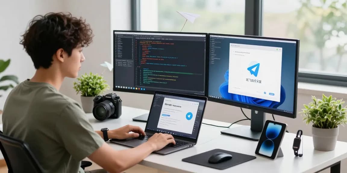 Developer interacting with 纸飞机中文版 on dual screens in a modern workspace.