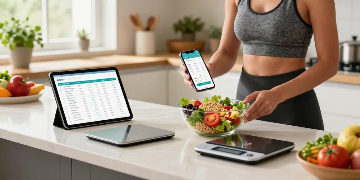Best macro tracker app displayed on modern kitchen tablet as user prepares a healthy meal.
