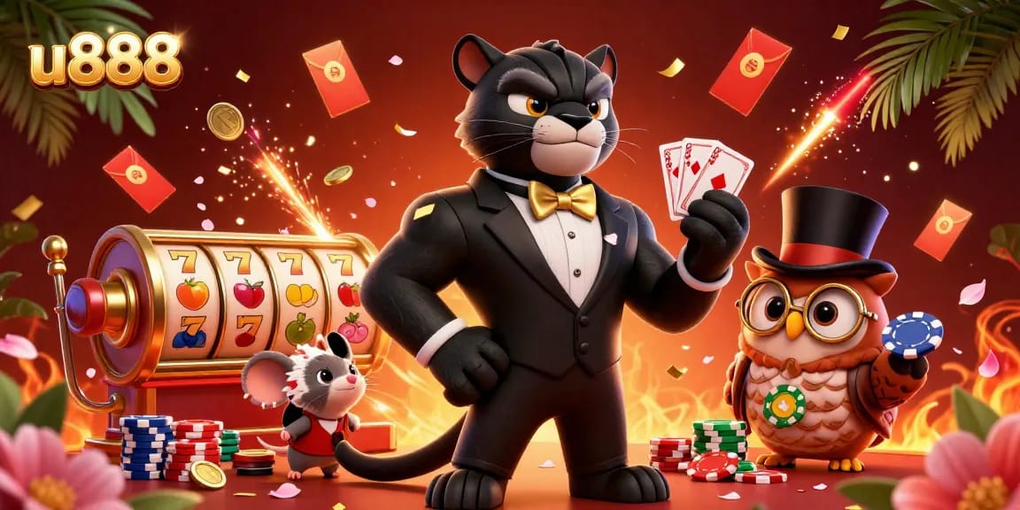 Engaging scene of the u888 online casino with a stylish panther, owl, and lucky mouse amid vibrant gaming elements.