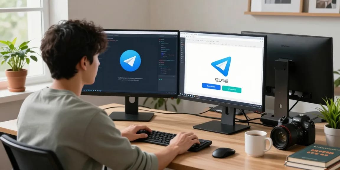 Dynamic workspace displaying software development focused on 纸飞机中文版 with dual monitors, coding books, and a lively atmosphere.