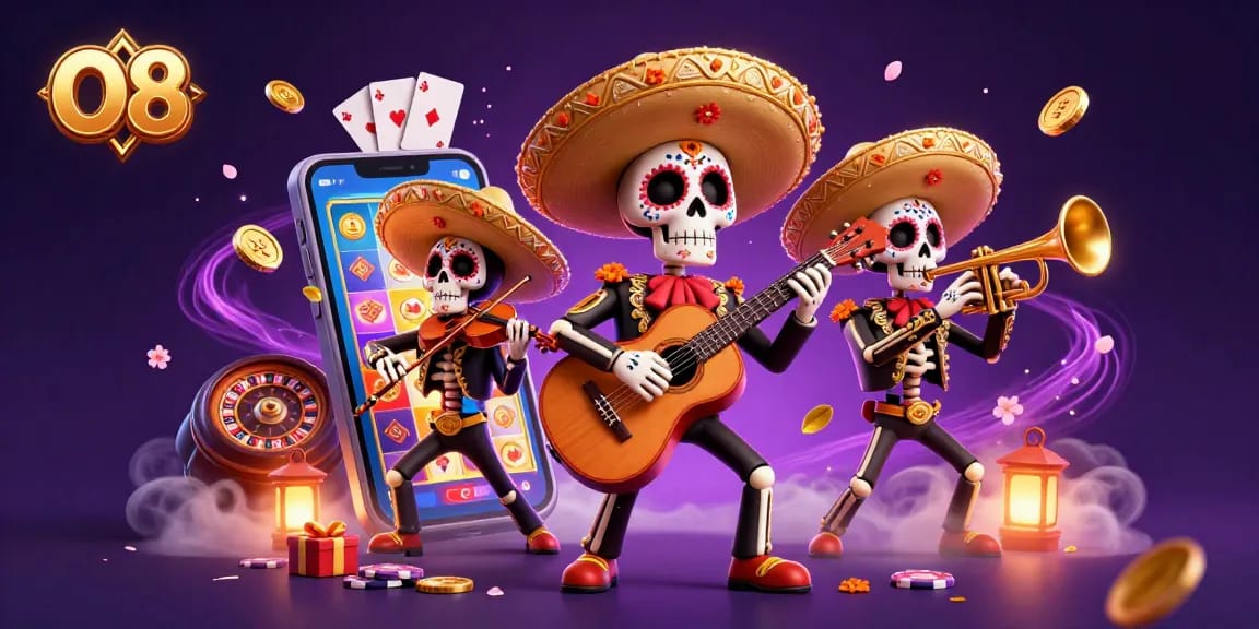 Engage with O8's vibrant casino world as skeleton mariachi musicians play amidst spinning slot games.