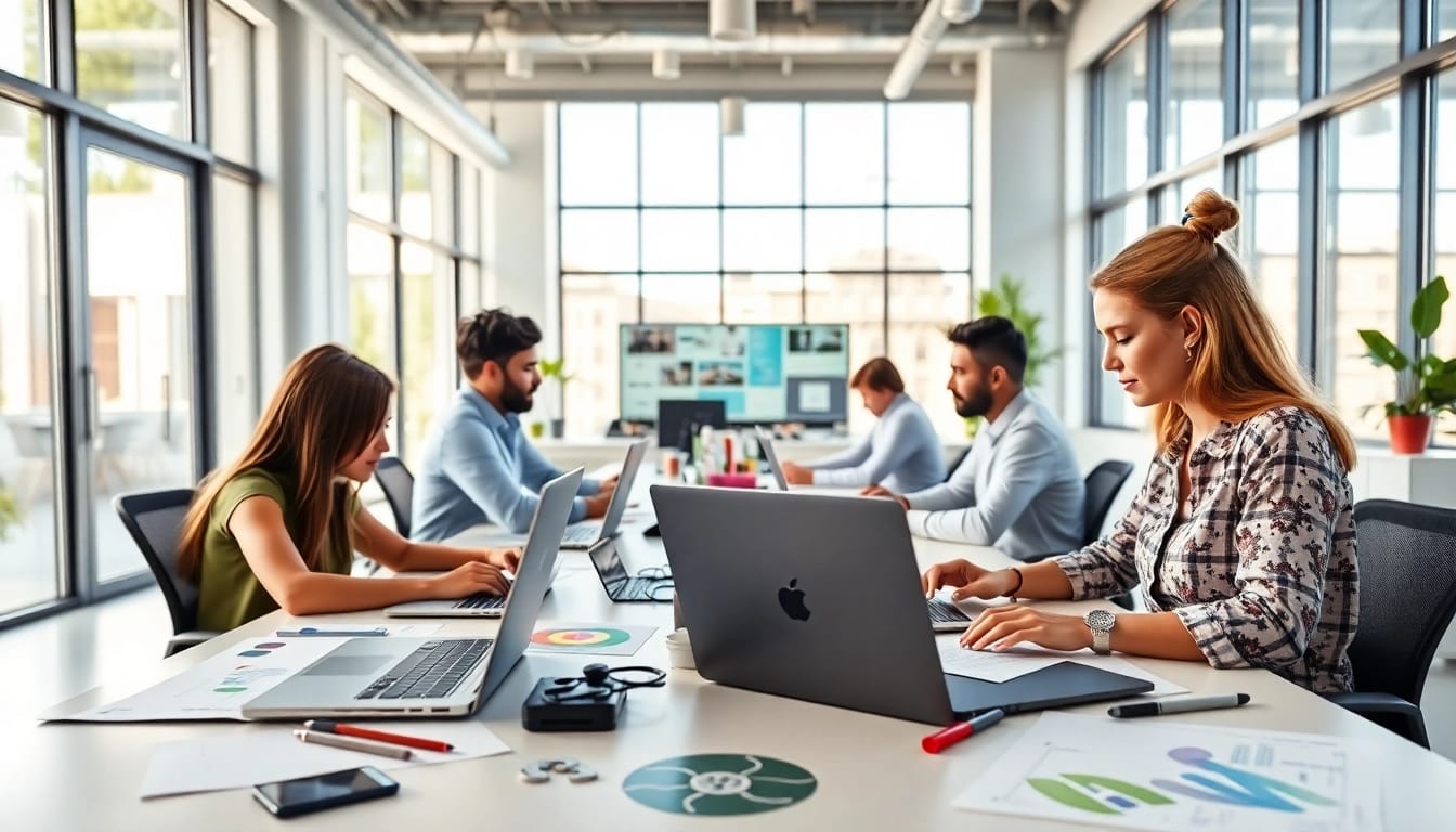 Werbeagentur arbeitet kreativ in modernen Büros an digitalen Projekten.