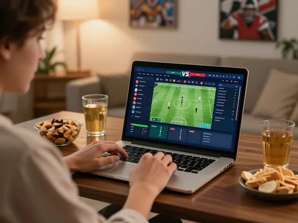 Bet on sports using 58win in an engaging home setup with laptop and snacks