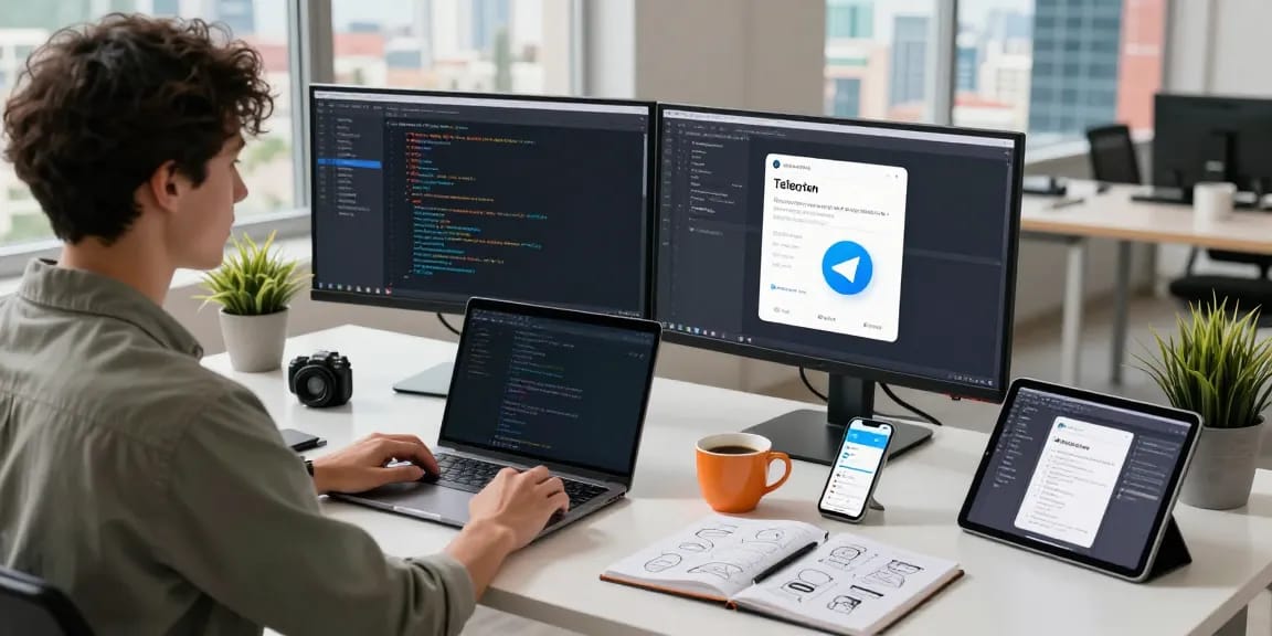Developer working on Telegram中文 app interface in a modern workspace with dual monitors and coffee