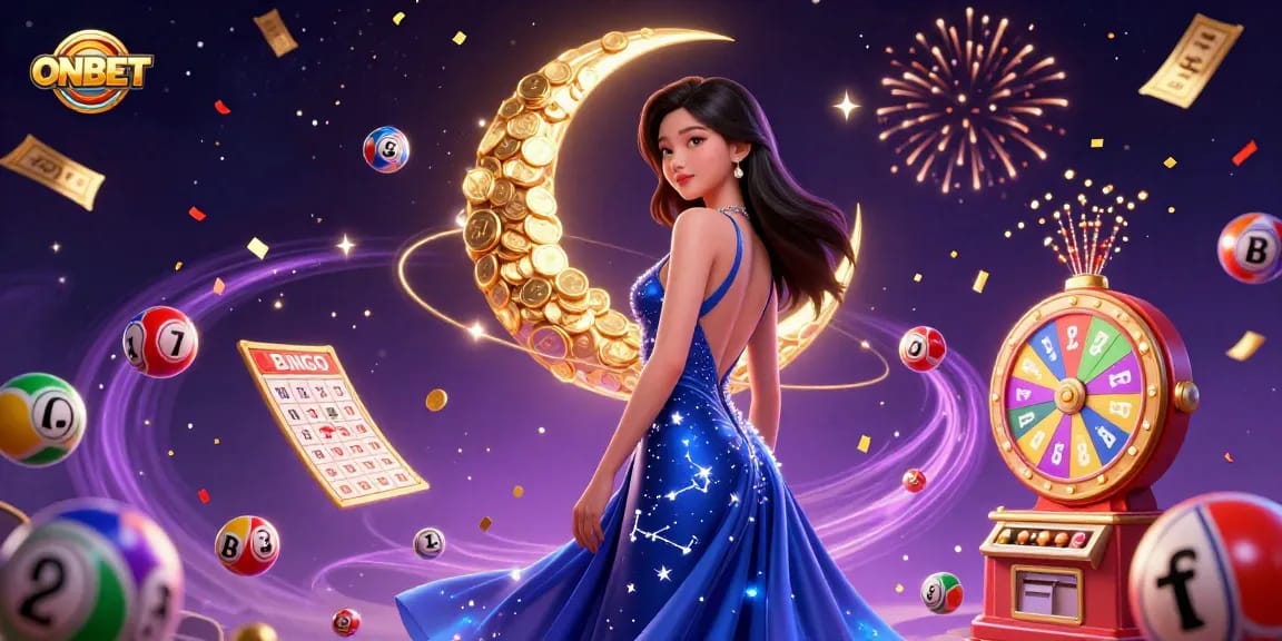 Engage in thrilling gameplay at ONBET with dynamic lottery elements and a stunning Asian character.