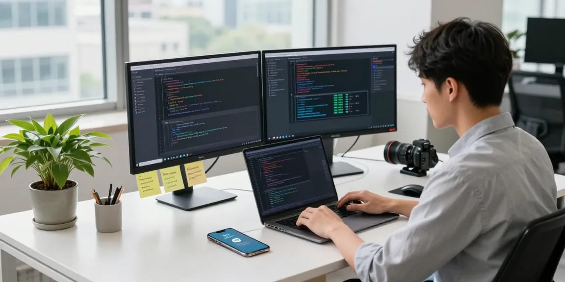 Engaged developer coding Telegram中文 interface designs in a modern office