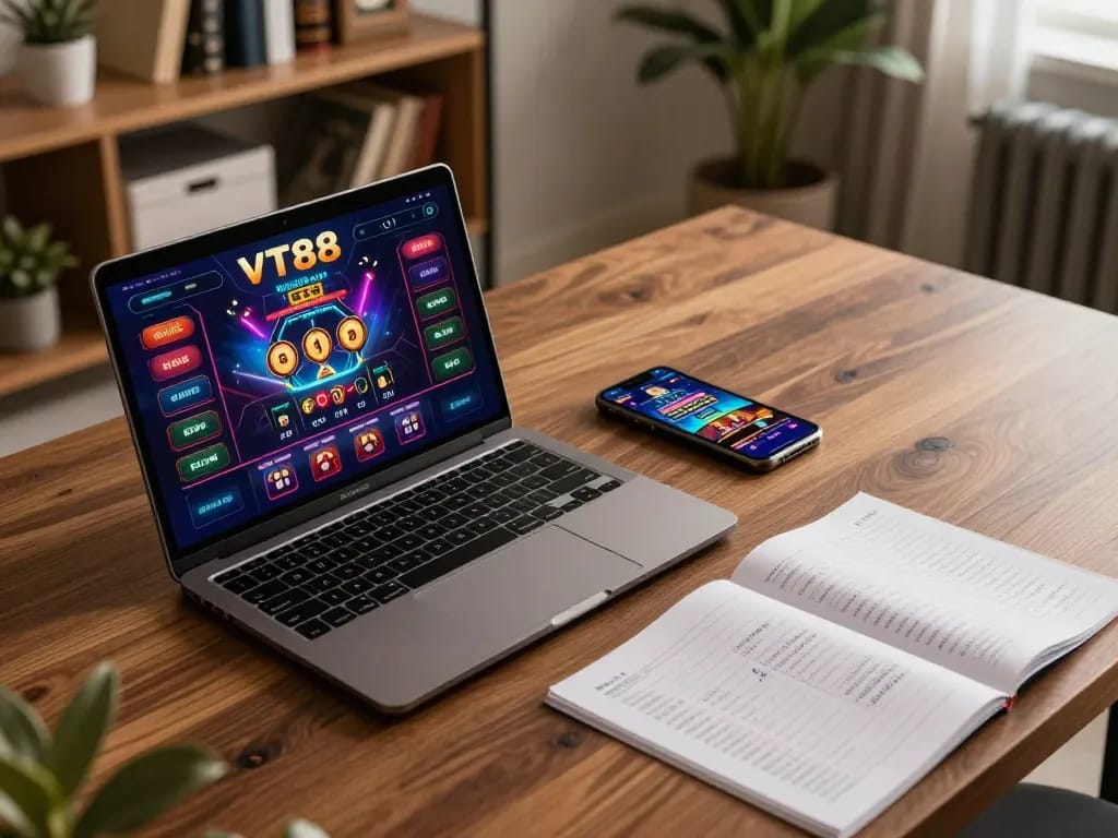 Engaging online casino gaming with vibrant VT88 interface on laptop in modern home.