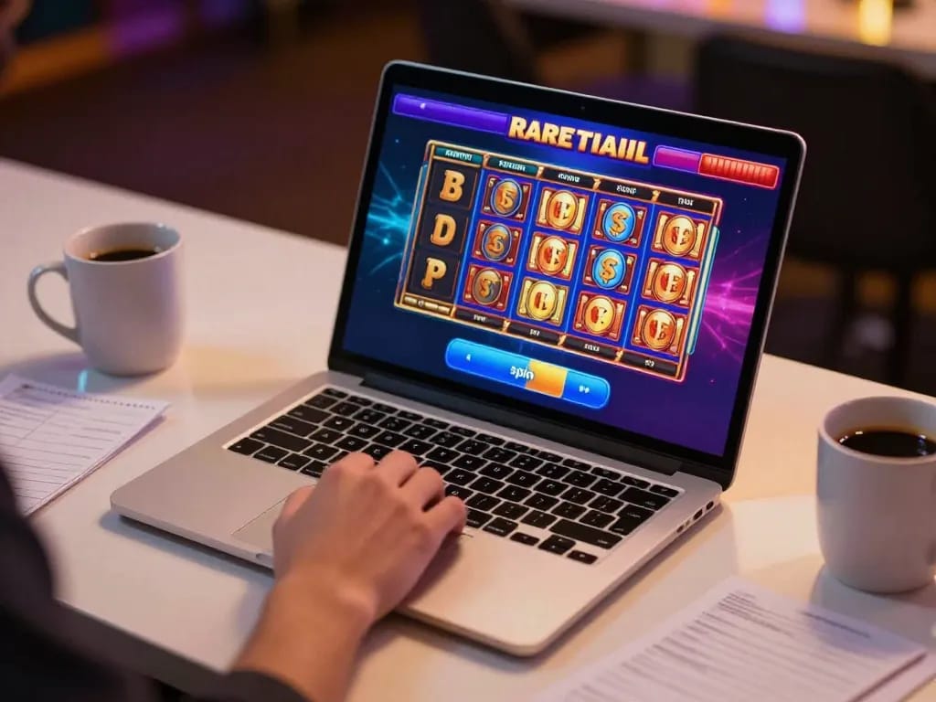 Engaging in situs gacor slot gameplay with laptop showcasing vibrant gaming interface and warm ambiance.