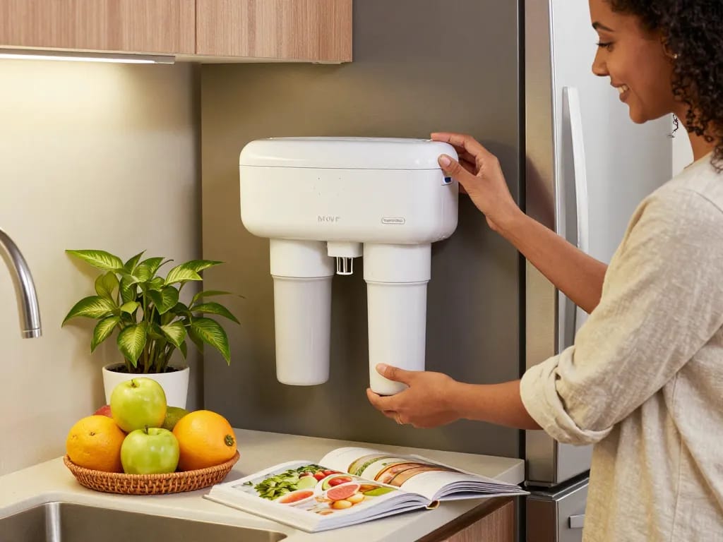 AQUA CREST AQF-FF13 Replacement for GE® SmartWater® MWF® being installed in a modern kitchen, showcasing home water filtration.