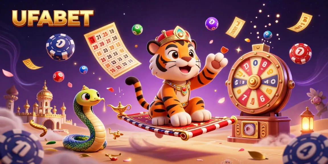 Experience the thrilling UFABET gaming adventure with vibrant lottery balls and a sultan on a magical carpet.