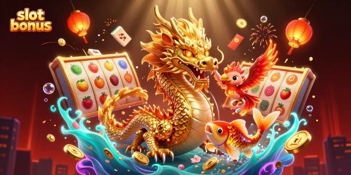 Experience thrilling slot bonus action with a golden dragon, phoenix, and koi fish amidst vibrant casino symbols.