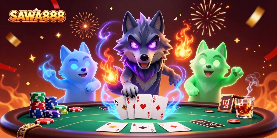 Experience thrilling gameplay with SAWA888 and spectral wolf characters in a vibrant casino scene.