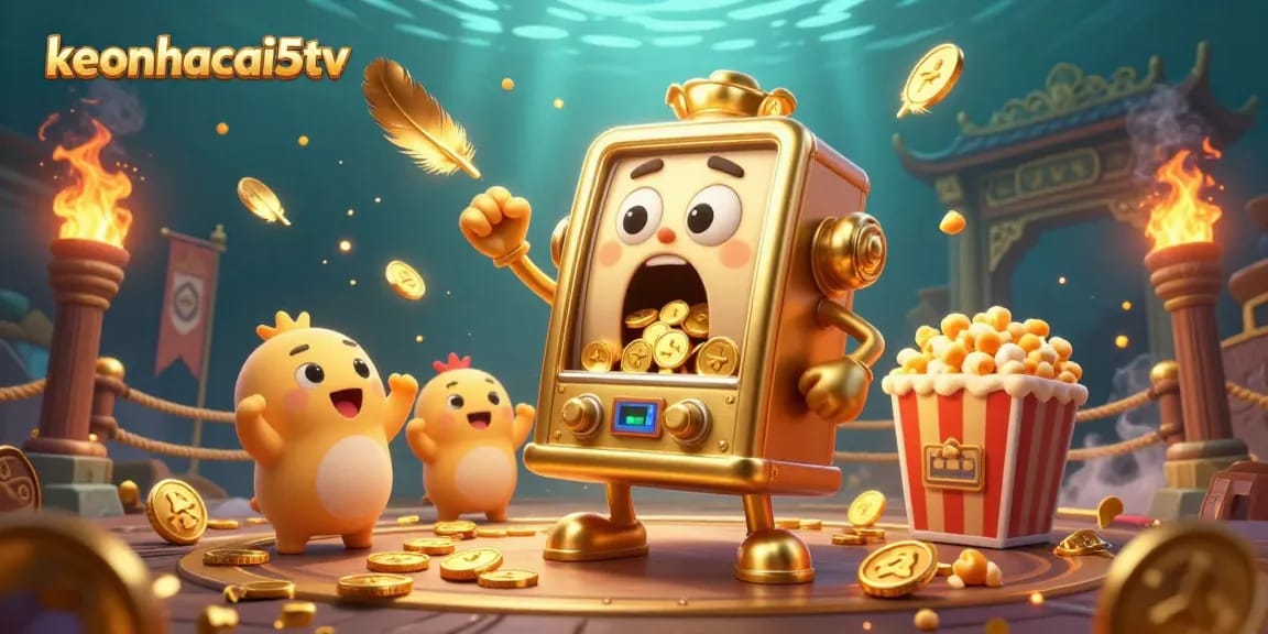 Join keonhacai5tv in this dynamic slot machine scene, where golden winnings pour amidst cheers.