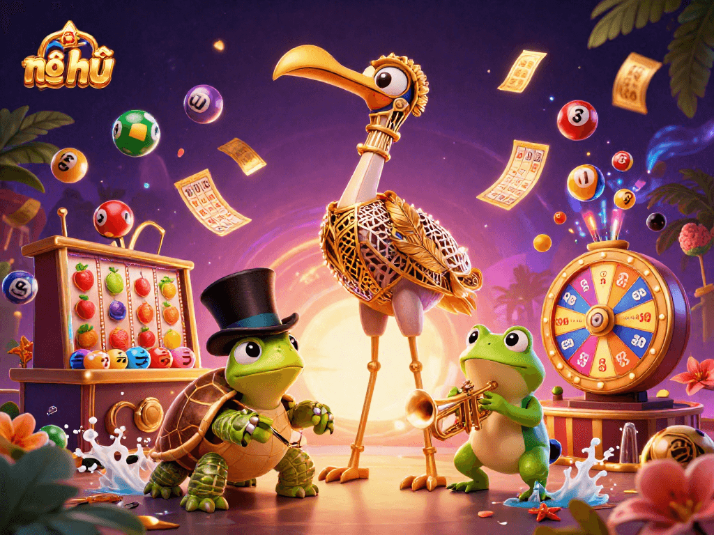 Engage with the excitement of nổ hũ featuring vibrant slot reels and lively characters in a bustling casino atmosphere.