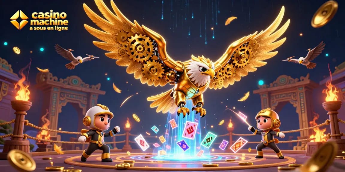 Profitez des machines à sous en ligne avec un aigle cybernétique dans une scène de casino dynamique