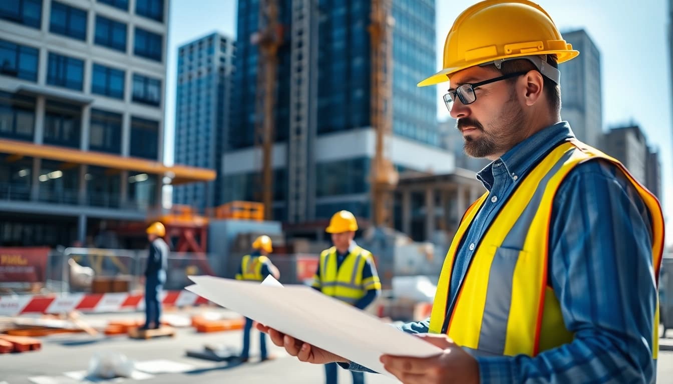 Manhattan Commercial General Contractor reviewing blueprints at a bustling construction site in NYC.