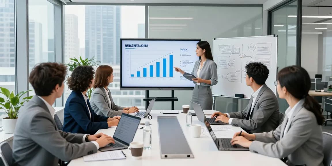 Collaborative office meeting scene showing MBM strategy growth presentation.