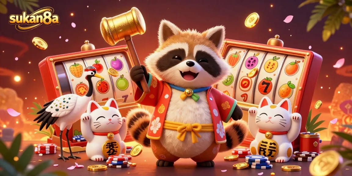 Sukan8a showcases a vibrant casino scene with a cheerful tanuki and lucky symbols, enhancing the gambling experience.