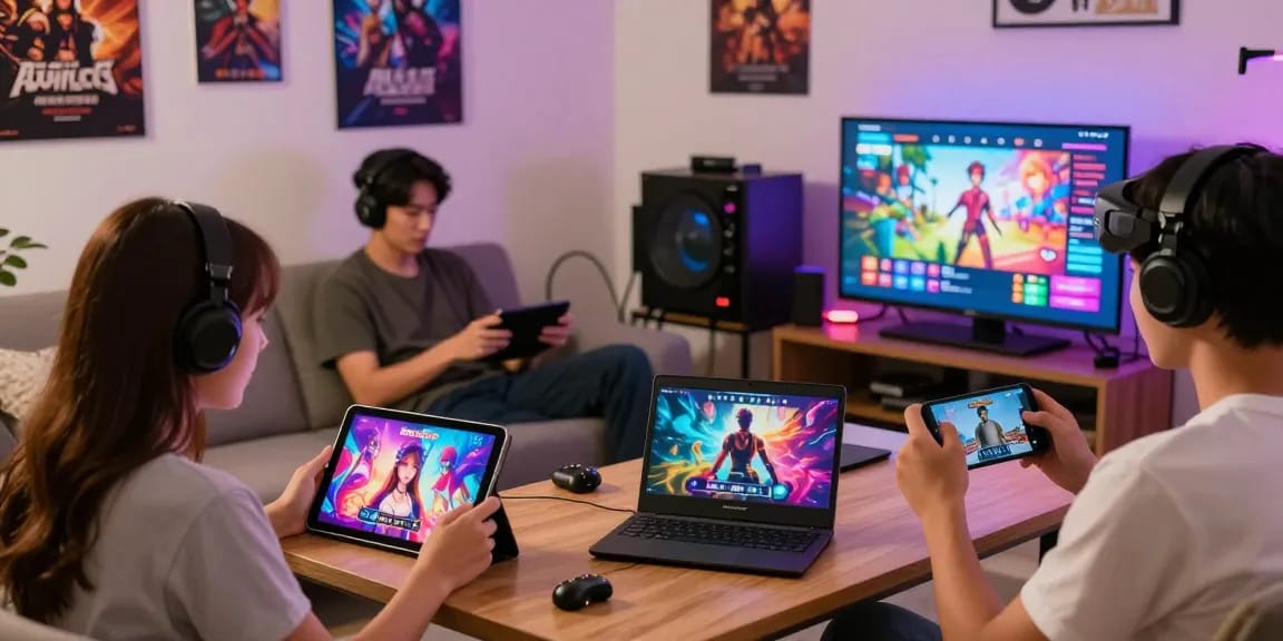 Players enjoying various sex games on devices in a cozy gaming nook.