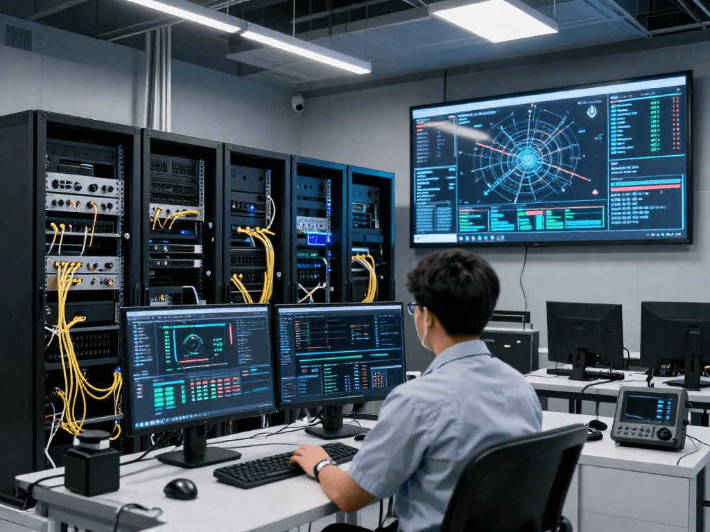 Advanced server infrastructure at https://88.rokok.uk with technicians monitoring performance metrics in a high-tech data center.