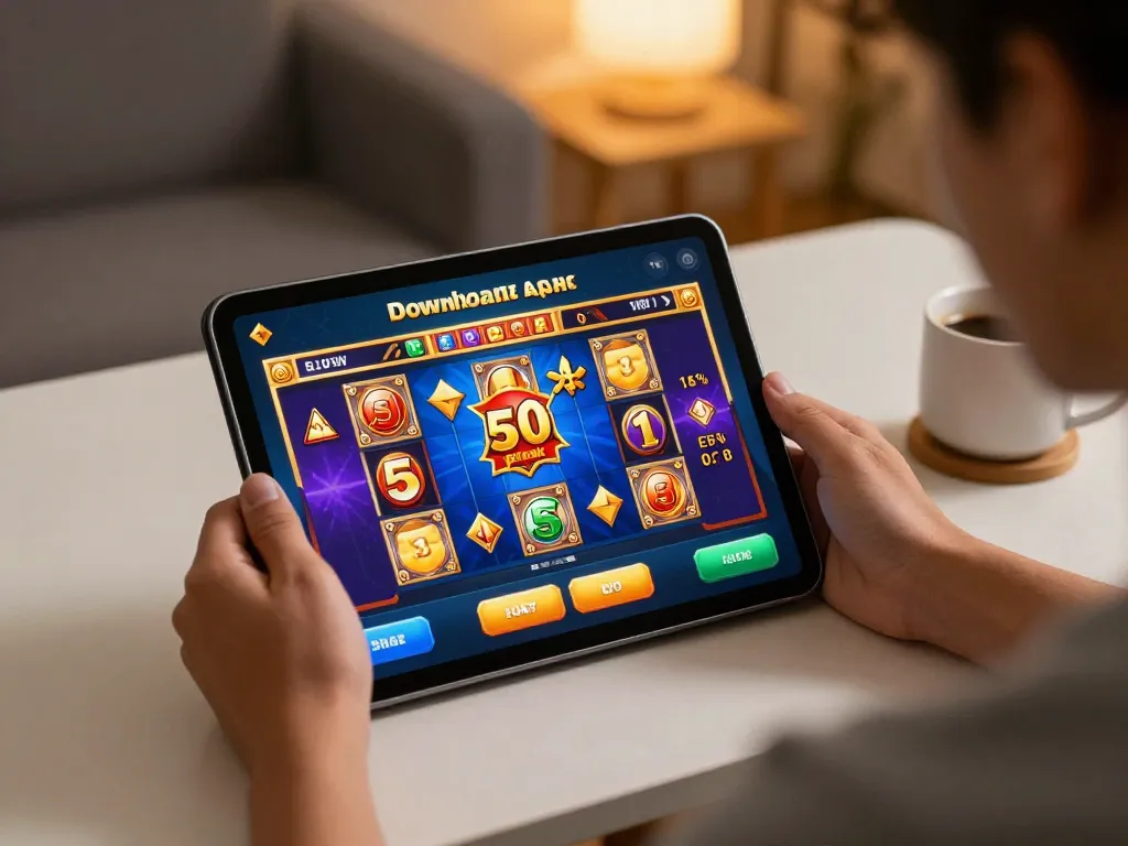 Engaging user enjoying download apk slot bet 50 perak on tablet with cozy home setup.