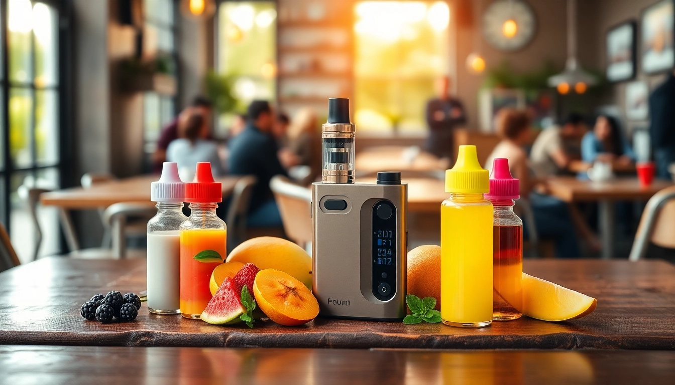 Explore vape flavors with a stylish vape device showcasing vibrant e-liquid bottles.