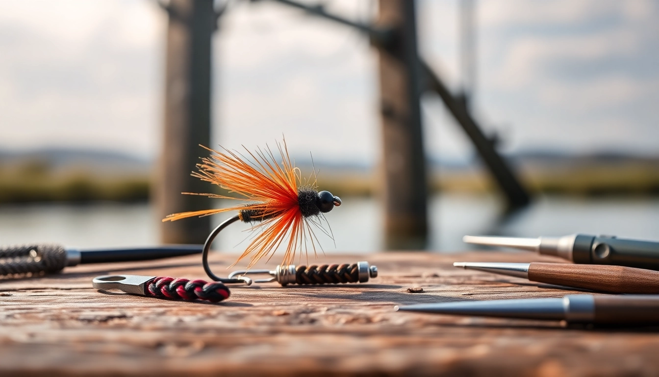 Crafting a vibrant fly tying masterpiece on a rustic wooden table.