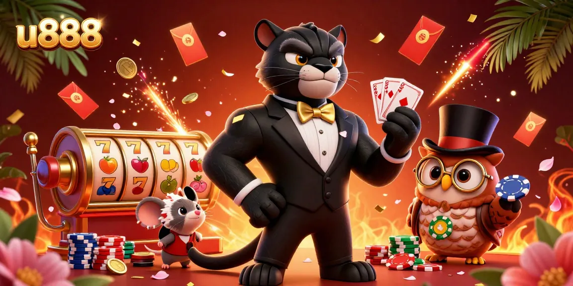 Engaging scene of the u888 online casino with a stylish panther, owl, and lucky mouse amid vibrant gaming elements.