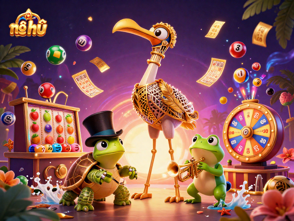 Engage with the excitement of nổ hũ featuring vibrant slot reels and lively characters in a bustling casino atmosphere.