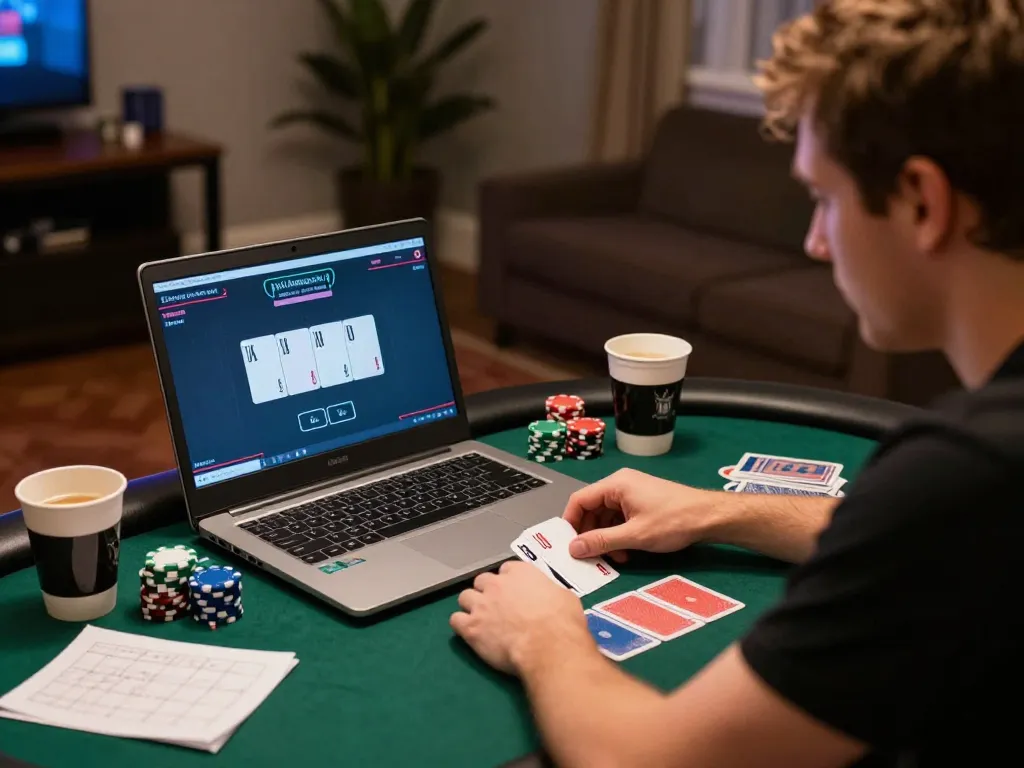 Player engaged in an intense online poker game on 388bet, showcasing strategic focus and excitement