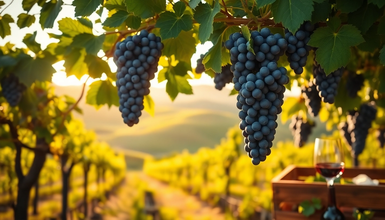 Visit a lush vineyard showcasing ripe Chenin Blanc grapes in a scenic golden hour setting.