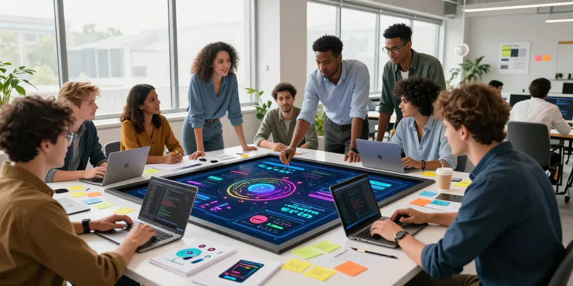 Engaging digital collaboration showcasing spicy ai innovations with diverse professionals in a high-tech workspace.