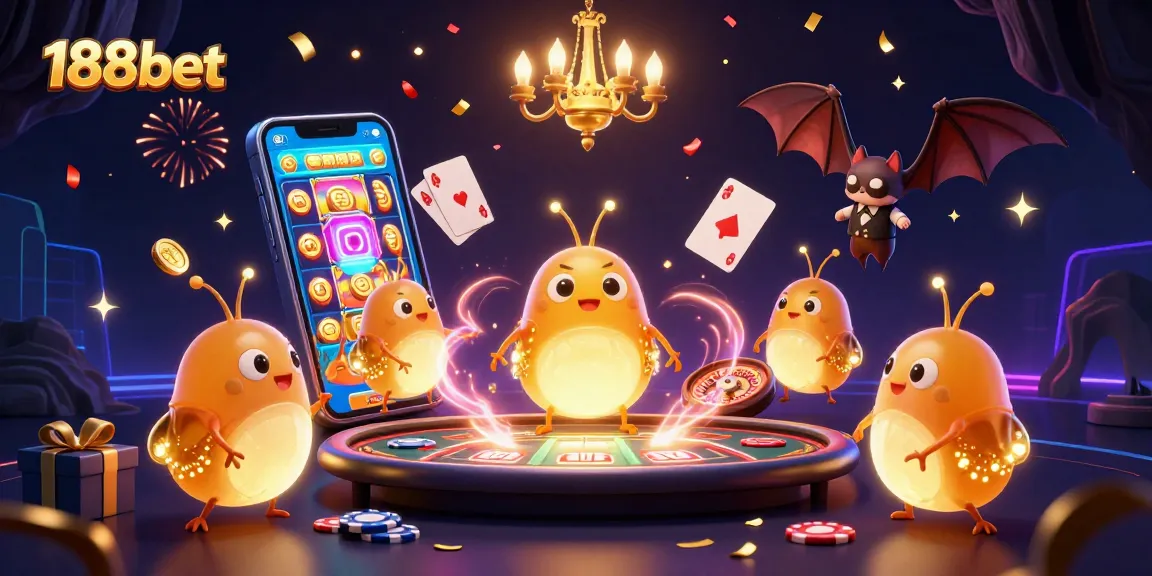 Experience excitement at 188bet with a vibrant casino scene featuring glowworms and classic gaming elements.
