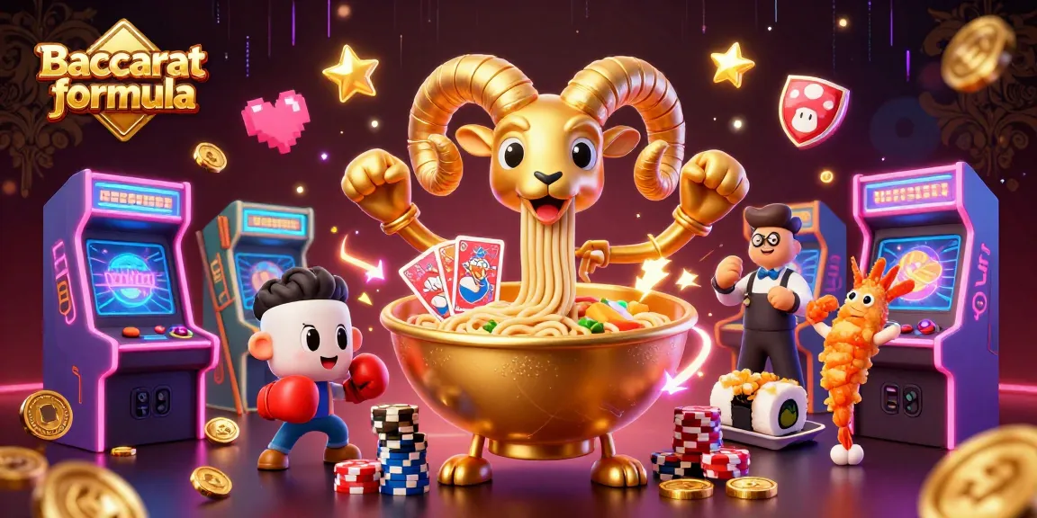 Engage with the Baccarat formula illustrated through a vibrant, dynamic scene of casino characters and games.