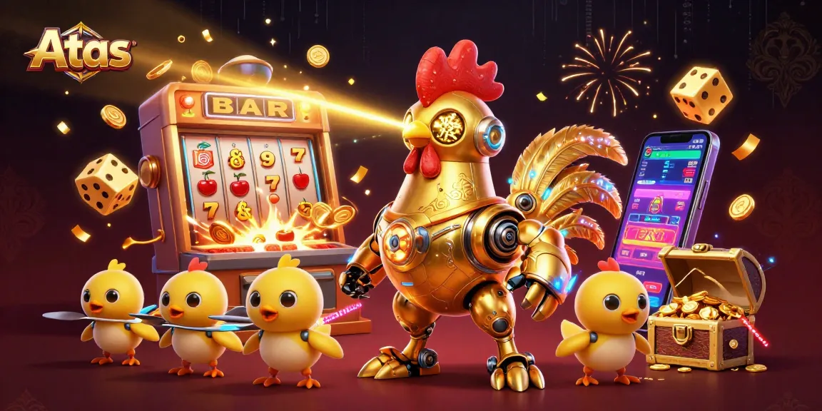Engage with Atas in a vibrant, dynamic casino atmosphere featuring a golden rooster robot and thrilling gaming elements.
